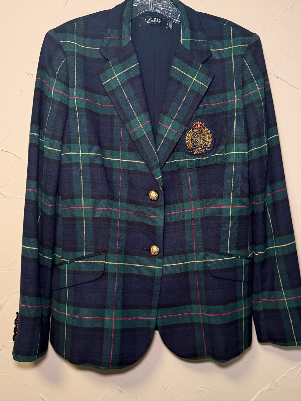 Ralph Lauren Plaid Bullion Crest Blazer 12 EUC Navy Green Tartan Preppy Academic - Picture 2 of 16